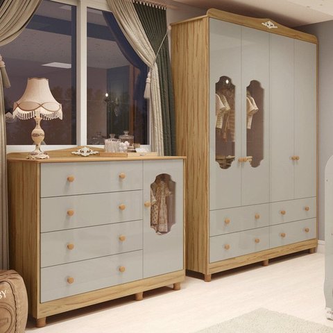 Quarto de Bebê Guarda-Roupa e Cômoda Janelados em MDF Maya Provençal Yescasa