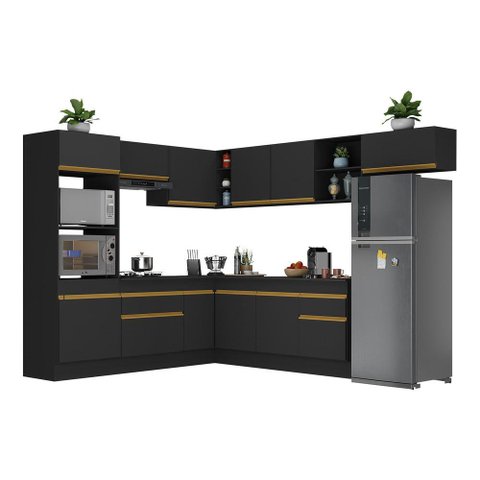 Armário de Cozinha Completa de Canto com Rodapé Veneza Multimóveis V2083 Preto/Dourado