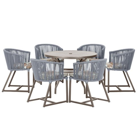 Mesa com 6 Cadeiras de Jantar Roma 120cm e Noronha em Alumínio Marrom Corda Náutica Estofado 6 Trama