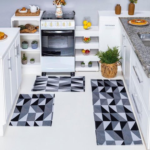 Kit Passadeira Tapete Cozinha 3 Peças Jacquard Base Antiderrapante - Losango Preto e Branco