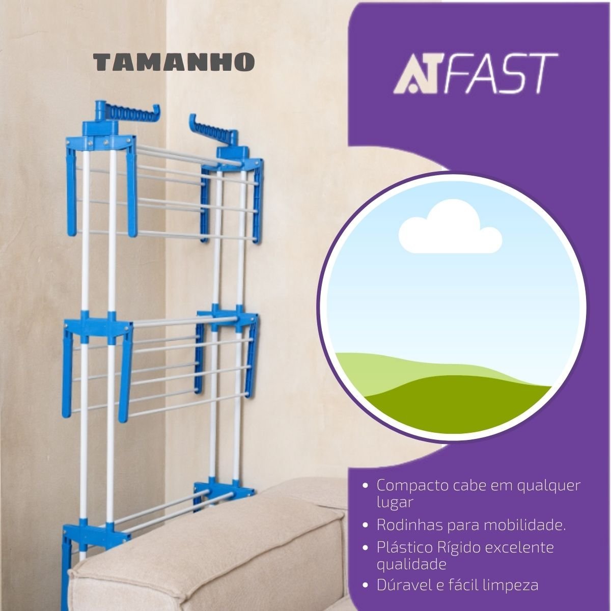 Varal Chão Dobrável Vertical Grande Prateleiras Multiuso 3 Andares - Azul - 3