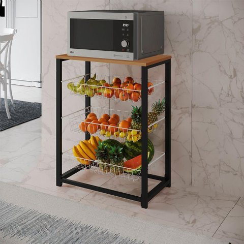 Fruteira com Suporte para Micro-ondas Barcelona Aço Preto Cesto Branco Tampo Canela - Cor: Branco