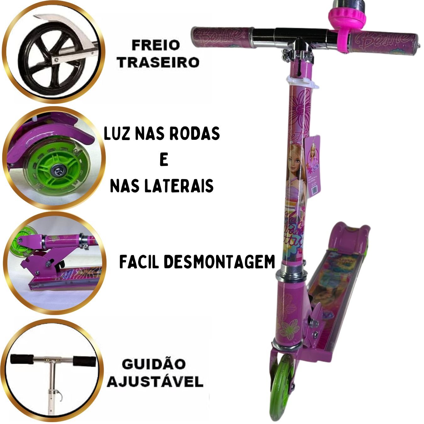 Patinete de Ferro 3 Rodas Barbie com Luz e Kit Proteção - 7