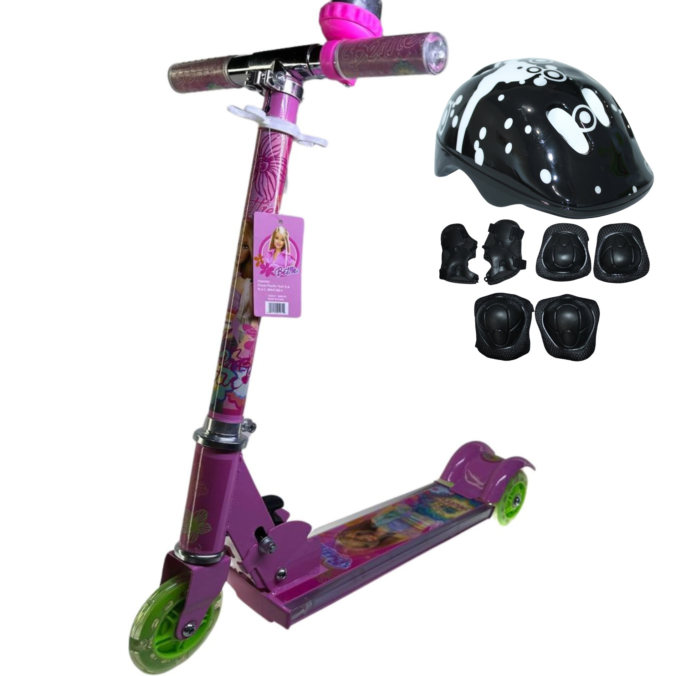 Patinete de Ferro 3 Rodas Barbie com Luz e Kit Proteção