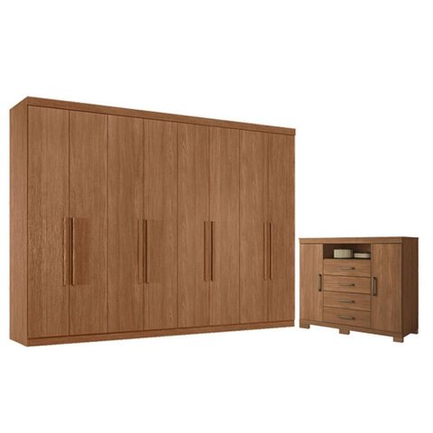 Guarda Roupa Casal 8 Portas 4 Gavetas Master New e Cômoda Havana Master com Pés Jatobá Acetinado