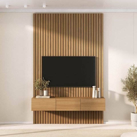 Rack com Painel Ripado TV 60 Polegadas Planejado 160x250cm Aruá CabeCasa MadeiraOriginals Marrom