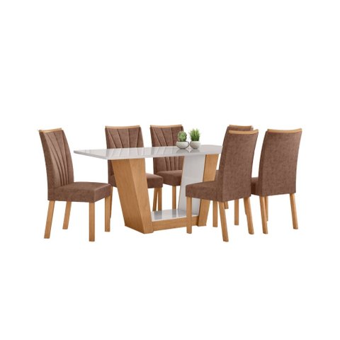 Conjunto Sala de Jantar Mesa Apogeu 160 Tampo Vidro Off White com 6 Cadeiras Apogeu - Lopas Amendoa 