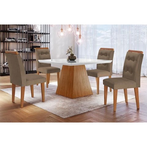Conjunto: Mesa Sala Jantar Luna C/ Tampo Madeirado C/ Vidro Canto Curvo 90x90cm e 4 Cadeiras