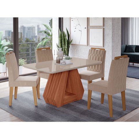 Conjunto de Mesa de Jantar com Tampo de Vidro Off White Agata e 4 Cadeiras Paola Suede Nude e Cinamo