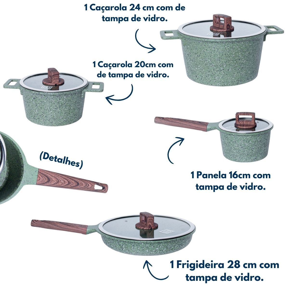 Jogo Panelas Antiaderente Revestimento Mármore Cerâmico 8 Peças Verde - 2