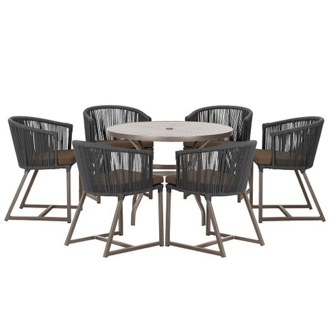 Mesa com 6 Cadeiras de Jantar Roma 120cm e Noronha em Alumínio Marrom Corda Náutica Estofado 9 Trama