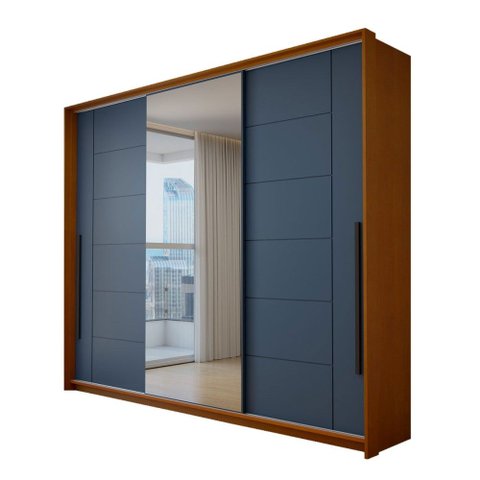 Guarda-Roupa Casal Genebra 3 Portas 4 Gavetas com Espelho Freijó/Azul - Panorama Móveis