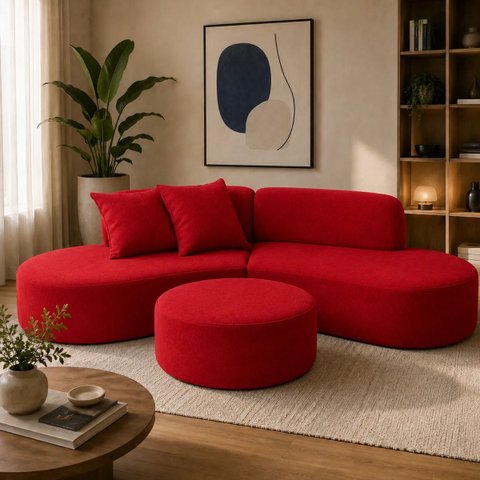 Sofá e Puff Orgânico Virginia 200cm Sala Suede: Vermelho
