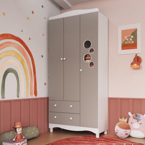 Guarda-Roupa Infantil Linha Encanto  3 Portas, 2 Gavetas e Nichos - Completa Móveis
