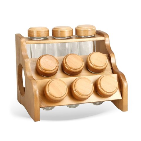 Porta Temperos Condimentos Suporte em Madeira 9 Potes de Vidro 80ml Zt2006 Btc