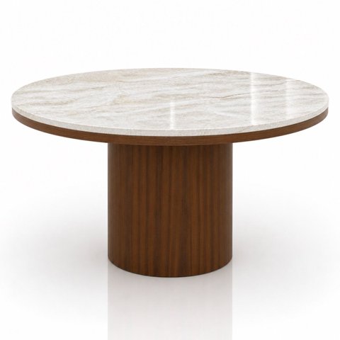 Mesa de Jantar 150 Cm Base Cilíndrica Nogueira e Tampo Duplo Mármore Quartzito Taj Mahal