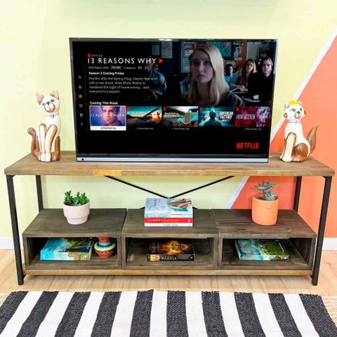 Rack de Tv Industrial de Ferro e Madeira Style Square 3 Nichos Uno Tabaco e Preto