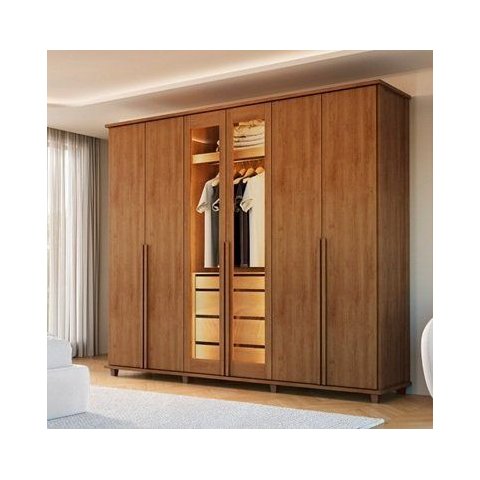 Guarda Roupa Belgica Carvalho / Tapajos 06 Portas Casal com 02 Portas Vidro Reflecta LED e Pes