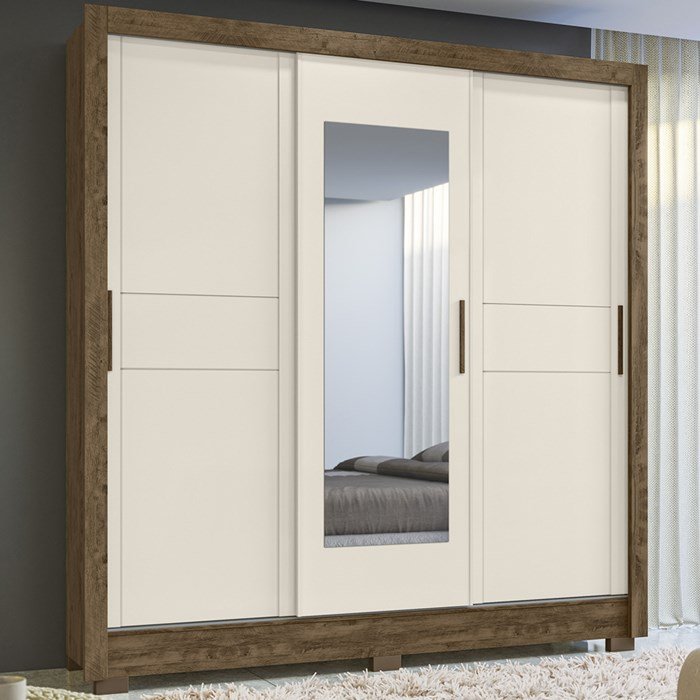 Guarda Roupa Casal 3 Portas Deslizantes Com Espelho 9880 Freijo Off White  Moval