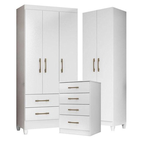 Guarda Roupa Infantil com Cômoda e Armário Multiuso Lima MS913 New Íris 3 Portas MDP Branco Flex