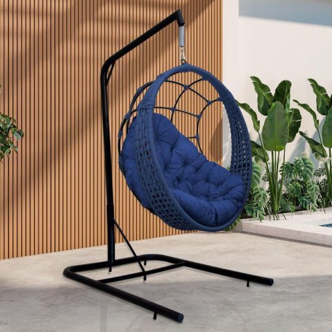 Cadeira Balanço Ninho Suspenso em Corda Náutica Luxo com Suporte Azul-azul