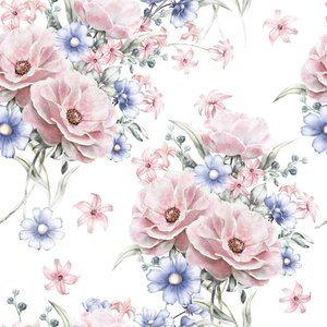 Papel de Parede Floral Buquê Azul Claro e Rosê - 3,00x0,50m