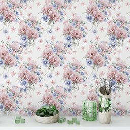 Papel de Parede Floral Buquê Azul Claro e Rosê - 3,00x0,50m - 2