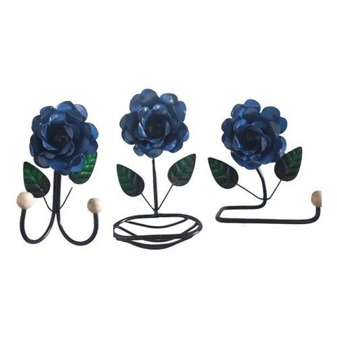 Kit 3 Peças para Banheiro com Flores em Ferro:azul