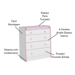 Conjunto Cômoda e Berço de Bebê Retrô Mavie Branco Rosa - 7 Conjunto Cômoda e Berço de Bebê Retrô Mavie Branco Rosa - 7