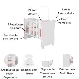 Conjunto Cômoda e Berço de Bebê Retrô Mavie Branco Rosa - 8 Conjunto Cômoda e Berço de Bebê Retrô Mavie Branco Rosa - 8