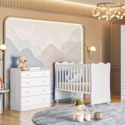 Conjunto Cômoda e Berço de Bebê Retrô Mavie Branco Rosa - 2 Conjunto Cômoda e Berço de Bebê Retrô Mavie Branco Rosa - 2