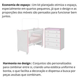 Conjunto Cômoda e Berço de Bebê Retrô Mavie Branco Rosa - 6 Conjunto Cômoda e Berço de Bebê Retrô Mavie Branco Rosa - 6