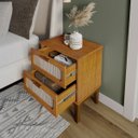 Ver imagem 3 de Mesa de Cabeceira com 2 Gavetas Santorini 45cm Nature Tela Indiana e Pés de Madeira Design Atemporal