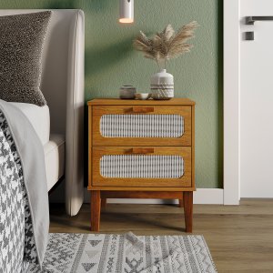 Mesa de Cabeceira com 2 Gavetas Santorini 45cm Nature Tela Indiana e Pés de Madeira Design Atemporal