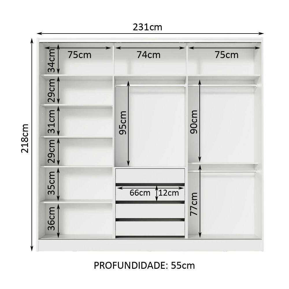 Guarda Roupa Casal 100% Mdf Madesa Zurique 3 Portas de Correr de Espelho - Branco - 11