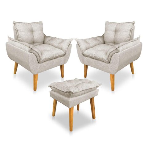 Kit Poltrona Decorativa e Puff Opala Luxo Linho Bege Dal Poz Estofados