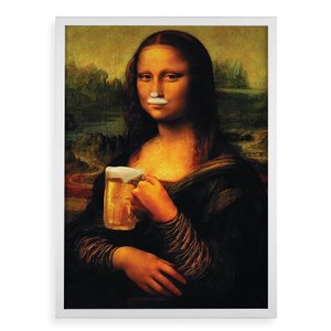 Quadro Monalisa com Cerveja - Monabeer 24x18cm - com Vidro:moldura Branca