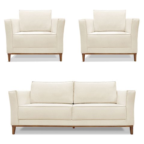 Kit 2 Poltronas e Sofá Living 2 Lugares 1,70m Vega Linho Natural Pés Castanho - Pallazio