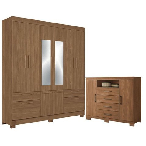 Guarda Roupa Casal com Cômoda Curitiba 8 Portas de Bater 4 Gavetas MDP Jatobá Acetinado Santos