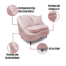 Poltrona Decorativa Orgânica Pé Ferro Pto Kit 2 Zaya Bouclê Rosê C05 - D'Rossi - 5