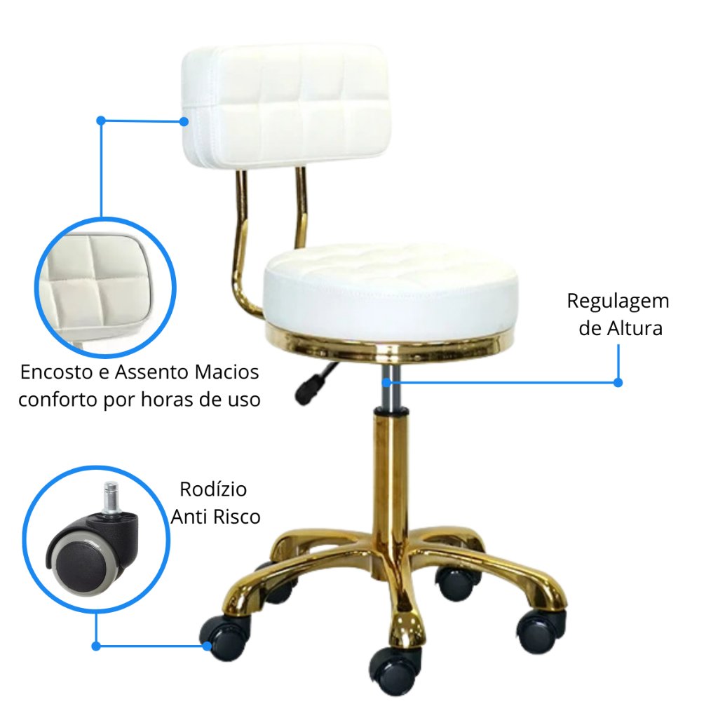 Cadeira Mocho Gold Dourado Estética Tattoo Clinica Salão - Preto - Couro Sintético - 4