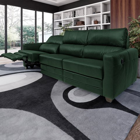 Sofá Sala de Cinema Elétrico Maldivas Reclinável Retrátil 4 Lugares 281cm Couro Verde Brilho G40 - G