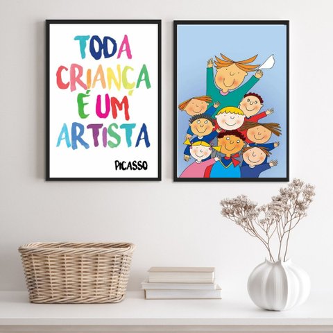 Kit 2 Quadros Infantis Toda Criança É Um artista 45x34cm - com Vidro:madeira Branca