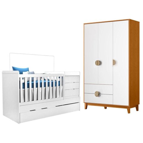 Berço Americano Multifuncional Cleo com Guarda Roupa Ipê Branco Cinamomo - Móveis Albatroz