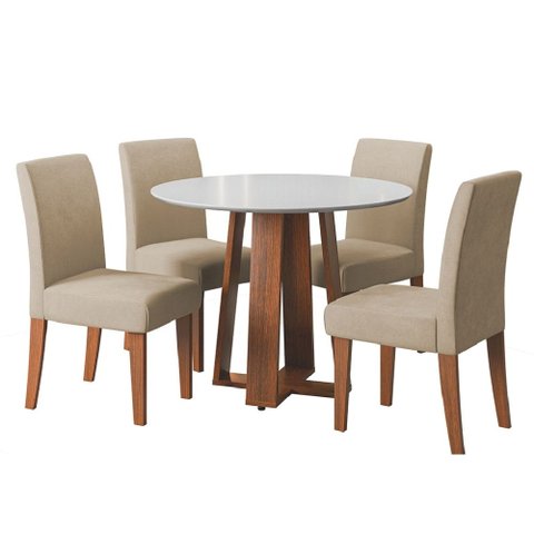 Conjunto Sala de Jantar Mesa Athenas Redonda 4 Cadeiras Trieste Madeirado/Bege Dobuê