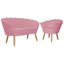 Ver imagem 1 de Kit Namoradeira + 1 Poltrona Decorativa Pétala Suede Rosa Pés Madeira Mz Decor