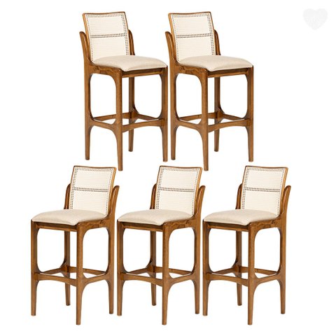 Kit 5 Banquetas Alta para Balcão Lisboa Encosto Rattan Madeira Imbuia Linho Bege M58 Rmi
