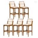 Ver imagem 1 de Kit 5 Banquetas Alta para Balcão Lisboa Encosto Rattan Madeira Imbuia Linho Bege M58 Rmi
