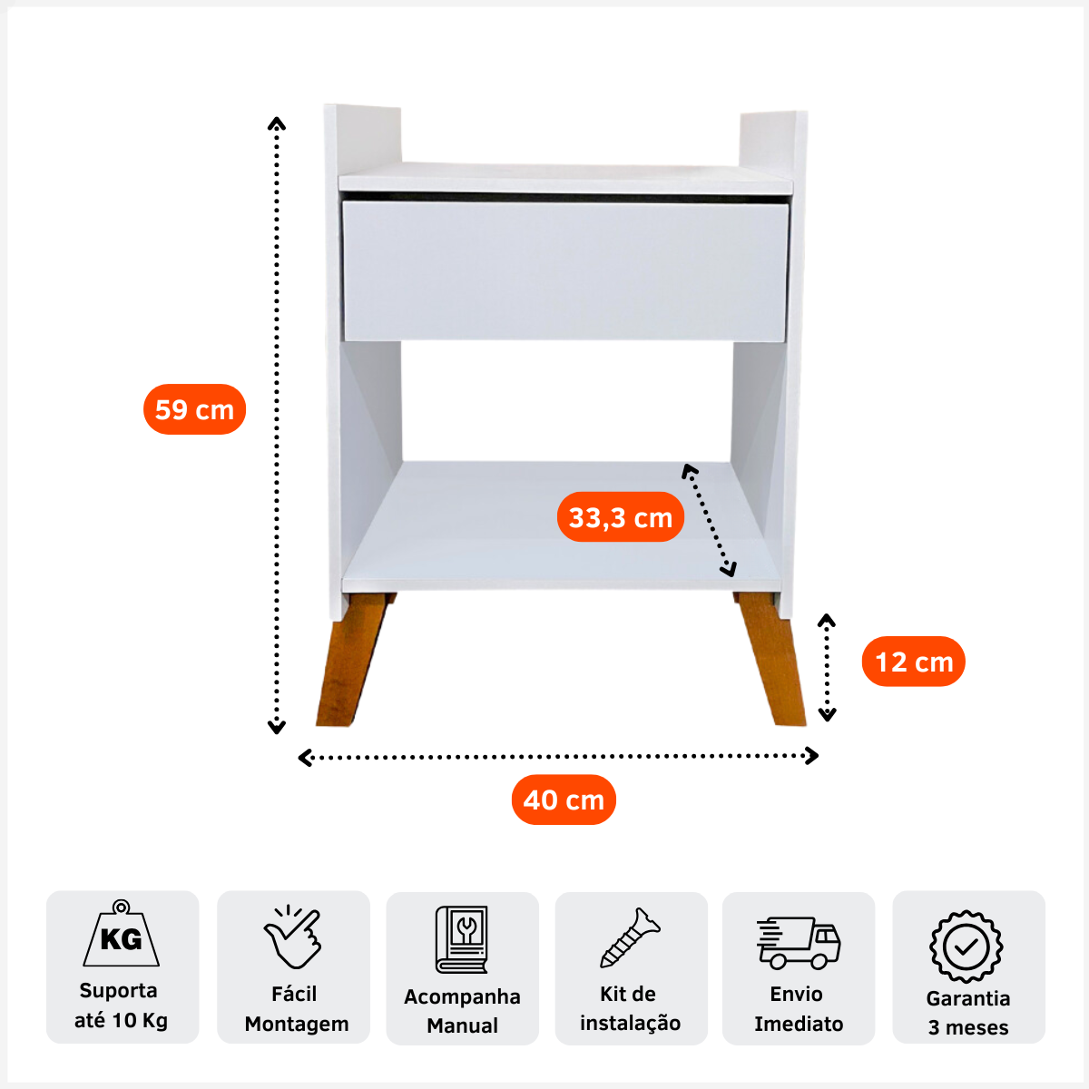 Mesa de Cabeceira Pequena Criado de Apoio Moderna com Gaveta Prateleira Mdf Pés Madeira Quarto Cama - 3