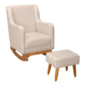 Poltrona de Amamentação e Descanso Áquilla com Base Balanço e Puff Linho Bege - Desk Design